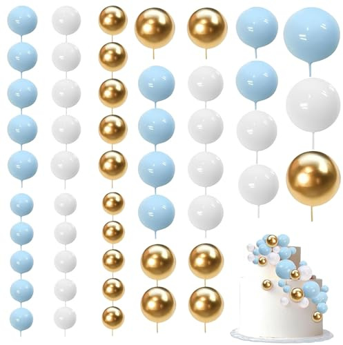 50 Stück Tortendeko Kugeln, Cake Topper Mini-Ballons Tortenaufleger Topper Mini-Ballons Kuchen Kugeln Dekorationen für Geburtstag Torte Hochzeit Party (Gold White Blau)