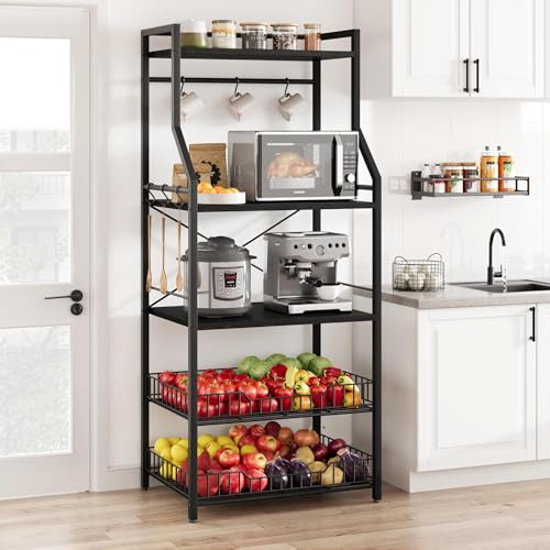 Garvee Estante industrial de cocina de 5 niveles con soporte para microondas – Estante negro con 2 cestas grandes y 8 ganchos para organizar especias y ollas