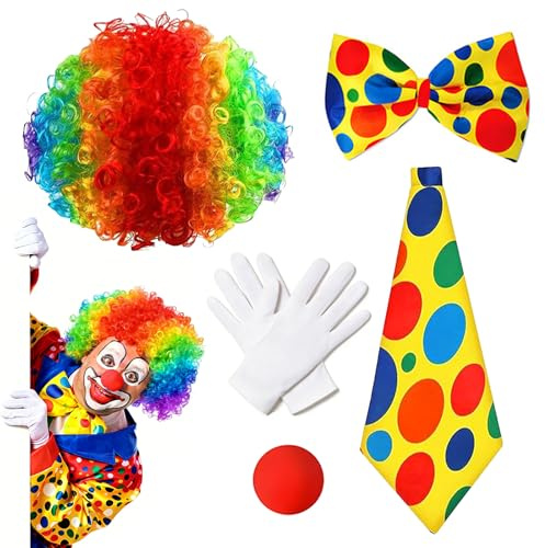 Wangtusry Clown Kostüm, Clown Accessoires, Clown Perücke, Clown Nase Rot, Fliege Krawatte und Handschuhen, Zirkus Kostüm, für Herren Damen Karneval Fasching Cosplay