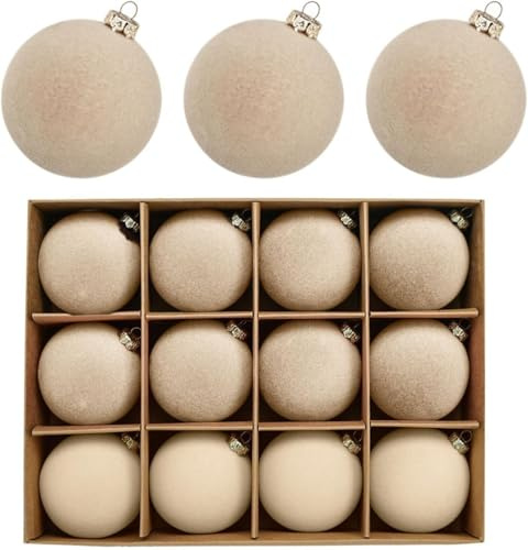 12 bolas de terciopelo para adornos de Navidad, bolas colgantes de decoración de Navidad de color burdeos, adornos de Navidad de terciopelo para fiesta de árbol (beige)