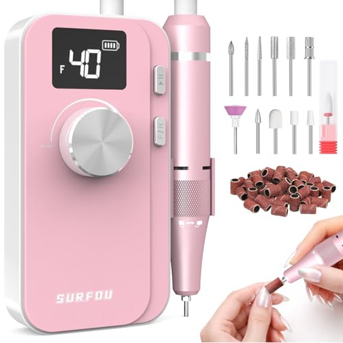 SURFOU Ponceuse à Ongles 40000 tr/min, Électrique Sans Fil Rechargeable 4000mAh, Vitesse Réglable, Silencieuse et Faible Vibration, Écran LCD, Corps Stylo en Aluminium, pour Gel, Acrylique et Naturels