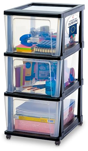Iris Ohyama, Rollcontainer Kunststoff auf Rollen, 3 Grosse Schubladen, Schwarz, Leichtes Öffnen, Aufbewahrung, für Schreibtisch, Garage, Organizer, Schrank, BPA-frei, KMC-303