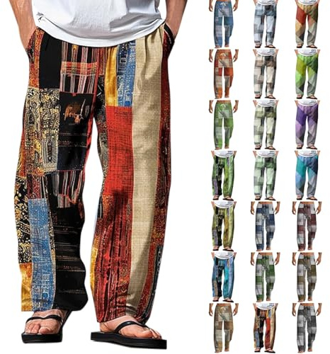 BUKKNYE Men's Hippie Trousers Cotton Linen Baggy Lightweight Elasticated Waist Trousers Regular Fit Patchwork Color Block Casual Summer Pants Lightweight Breathable Quick Dry Jogging Bottoms