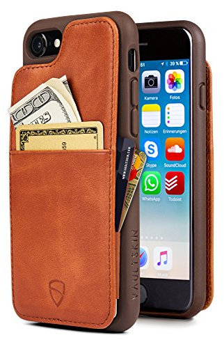 Vaultskin ETON ARMOUR iPhone Case with Card and Banknote Space Ultra Slim Genuine Leather Holds Up to 8 Cards (iPhone 7/8, Cognac)
