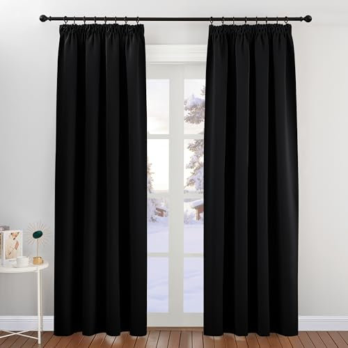 PONY DANCE Blickdichte Vorhänge Schwarz 2er Set H 220 x B 140 cm Thermogardinen Hitzeschutz Schlafzimmer Gardinen mit Kräuselband für Schiene Thermal Blackout Curtains for Bedroom