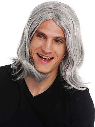 WIG ME UP - 3056-FR68A Perücke Karneval Herren lang Mittelscheitel gewellt grau Alter Rockstar Cooler Opa