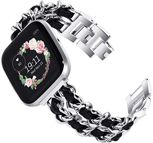 KADES kompatibel mit Fitbit versa 2 Armband, Damen Edelstahl Ersatzarmband kompatibel mit Fitbit Versa, Versa Lite Edition Armband (Silber mit schwarzem Leder)