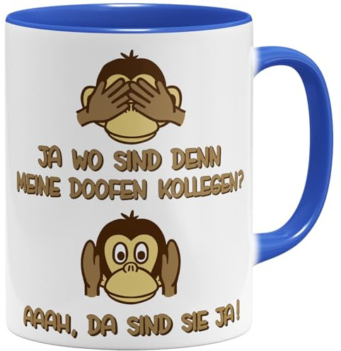 OM3® Lustige Arbeitskollegen Kaffee-Tasse mit Spruch - Büro Doofe Kollegen - Keramik Becher - 325ml - Beidseitig Bedruckt - Blau
