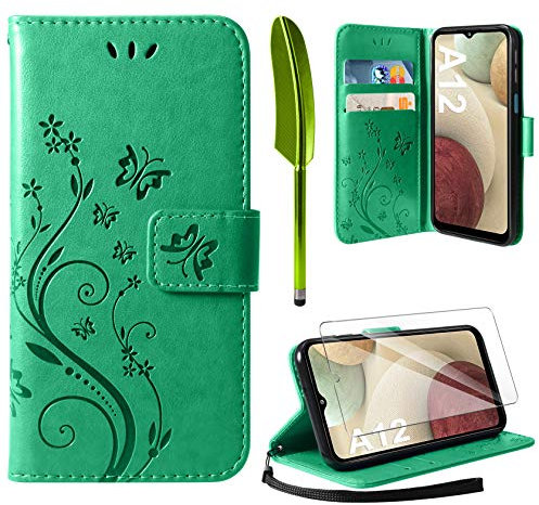 AROYI Lederhülle Kompatibel mit Samsung Galaxy A12 / M12 Hülle und Schutzfolie,Flip Wallet Handyhülle PU Leder Tasche Case Kartensteckplätzen Schutzhülle Kompatibel mit Samsung Galaxy A12 Minzgrün