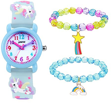 HMJIA Lern Armbanduhr für Kinder, Jungen und Mädchen.Kinder Analog Quarz Uhr Kinderuhr mit 3D Cartoon Design Silikon Armband, 3ATM, Japanischen Quarzwerk (Hellblaues Einhorn)
