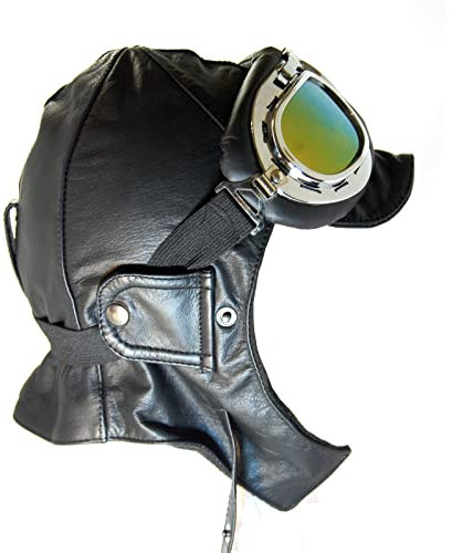 BLUETECH Cabriohaube Cabriomütze Fliegerhaube Oldtimermütze Leder in Schwarz inkl. Panorama Brille Herren Damen Unisex - M N