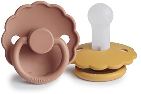 FRIGG Daisy Silikon Schnuller | Schnuller 2 Packung | Symmetrischer Sauger in Kirschform | BPA-frei | Hergestellt in Dänemark | Silikon Schnuller | (Honey Gold/Rose Gold, Größe 2 (6-18 Monate))