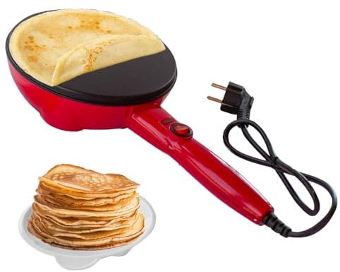 BEHOME Crêpiere électrique avec poignée antiadhésif | Plaque à crêpes antiadhésive avec poignée antiadhésive, pieds antidérapants et plaque à crêpes, diamètre 20 cm, rouge