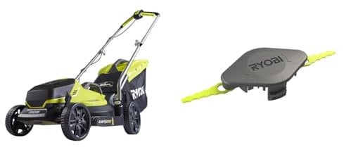 Ryobi OLM1833B 18V ONE+ Cordless 33cm Lawnmower (Body Only), Anthracite/Green & Double Serrated Blade Head (+10 Blades) for Edge Trimmers, Edges - Special High/Thick Grass