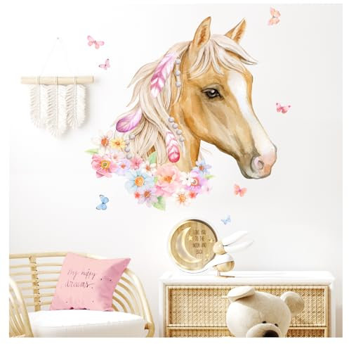 DEKO KINDERZIMMER Wandtattoo Pferdekopf mit Blumen & Schmetterlingen Wandsticker Mädchen Tiere Babyzimmer Wandaufkleber Wanddeko DK1049-2