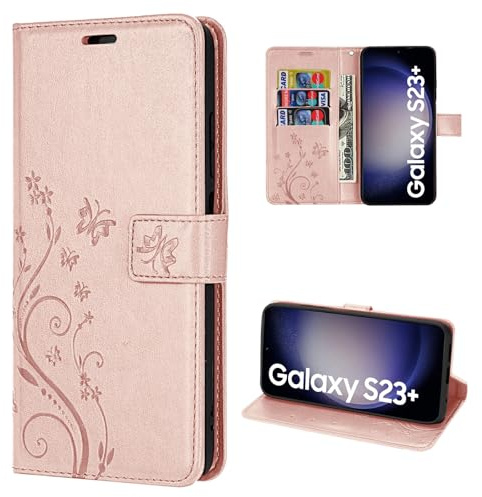 Hülle Kompatibel mit Samsung Galaxy S23+ | Premium PU Leder Handyhülle Wallet Case für Galaxy S23+ | Schutzhülle Blumen Klapphülle Handyhülle | Rosegold