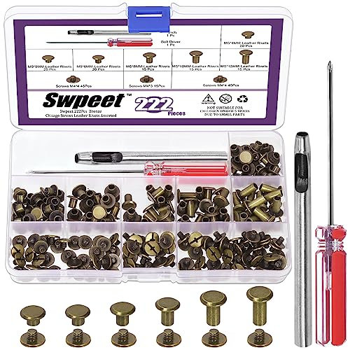 Swpeet Lot de 110 rivets Chicago en bronze de 6 tailles M5 x 4 mm/5 mm/6 mm/8 mm/10 mm/12 mm avec kit d'outils d'installation, rivets à vis M5 Chicago pour réparation du cuir