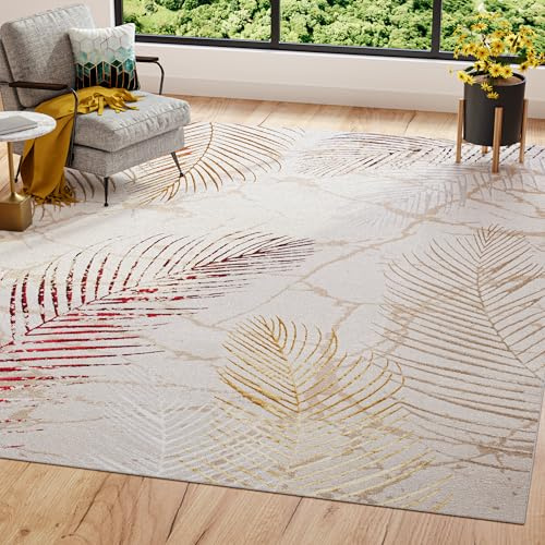 TAPISO Golden Teppich Wohnzimmer Kurzflor Schlafzimmer Luxuriös Creme Gold Rot Blätter Meliert Verwischt Modern Design ÖKOTEX 200 x 300 cm