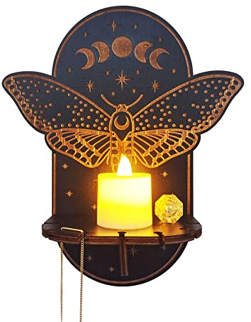 Fuchs-Regal aus Holz für Kristalle, Schwarze Regale mit LED-Kerze, Rustikale Boho-Regale, Wandmontierter Kristall-Ausstellungsständer, Hängende Schwebende Holzregale für Kristallhalter,(Motte)