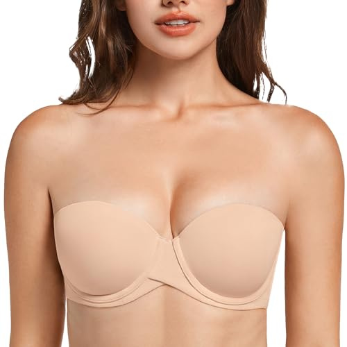 MELENECA Tungt vadderad Push Up med Lift Multiway Bygel axelbandslös BH för kvinnor Beige 80B