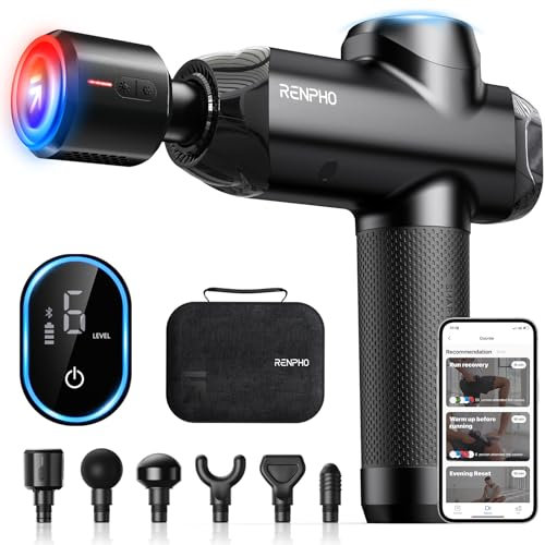 Pistolet de Massage Musculaire, RENPHO Massage Gun avec Tête Chaude et Froide, Masseur Electrique avec 6 Têtes de Massage, Masseur de Muscle Profonds 3200 tr/min, Charge de Type-C Ultra Silencieux