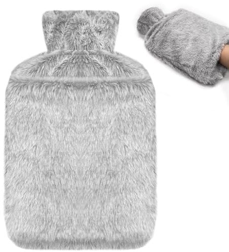 Jsdoin Bouillotte Eau Chaude Premium Avec Housse Non-Tissée, Aspect Velours - Bouillotte Regles Douloureuses pour Chauffe Main/Ventre/Cou, Bouillote Antifuite Douce (Gris)