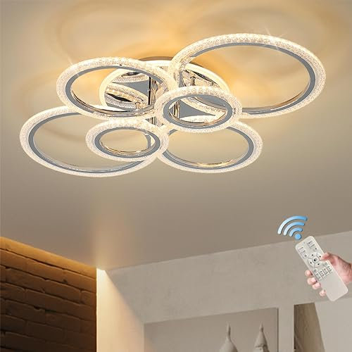 Qcyuui Moderne LED Deckenleuchte 76W, Dimmbar mit Fernbedienung, 6 Ringe Acryl Deckenlampe, Unterputz Design für Wohnzimmer, Esszimmer, Schlafzimmer, Chrom