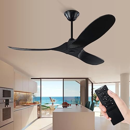 XSGDMN Schwarzer Deckenventilator ohne Beleuchtung, Deckenventilator aus Holz mit Fernbedienung, DC-Motor,177cm Leiser Deckenventilator für Balkon,Terrasse,Niedrige Räume