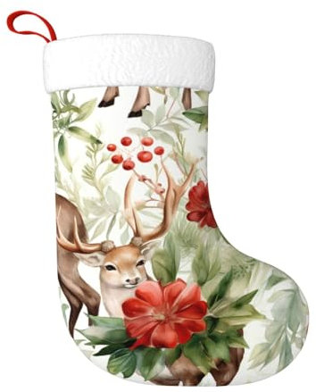 Weihnachtsstrümpfe, Rentier-Blumen, Beeren, 45 cm, Weihnachtsbaum-Hängestrumpf, Weihnachtsdekoration, Ornamente, Strümpfe, klassischer Geschenkhalter für Famliy Home Party Urlaub Jahreszeit Dekor