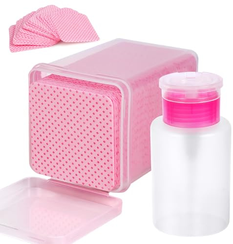 200 Pieces Nail Cotton Pads,1 Pull-Down Pump Dispenser Bottle, Super Absorbent Soft Non-Woven Eyelash Glue Wipes, Nail Polish dehumidifier for Eyelash Extension Products and Nail Oil Bottle (Pink)