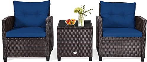 COSTWAY 3 Pieces Patio Rattan Bistro Set, Metal Frame Garden Coffee Table and Sofa Chairs Set with Cushions, Outdoor Furniture Wicker Conservatory Set for Balcony Yard Terrace Poolside (Navy)