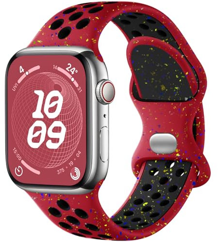 Upeak Correa Deportiva Compatible con Correa Apple Watch 44mm 45mm 42mm 49mm, Pulsera Transpirable de Silicona con Copos de Colores, para iWatch Ultra 2 SE Series 9 8 7 6 5 4 3 2 1, L, Rojo/Negro