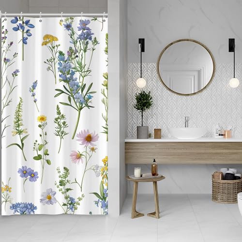 ASDCXZ Tenda da doccia con fiori, 120 x 200 cm, primavera, blu, giallo, rosa, viola, fiori, foglie, bianco, bagno, lavabile, sottile, in poliestere, impermeabile, per vasca da bagno con 8 ganci