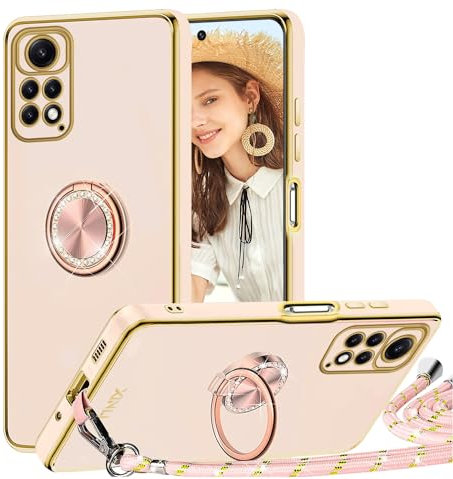 TVVTPU Coque pour Xiaomi Redmi Note 11 4G / Note 11S 4G avec Cordon et 360 Degrés Anneau Support, Étui Housse Antichoc Souple Silicone TPU Bumper Portable Protection Case avec Amovible Collier, Rose