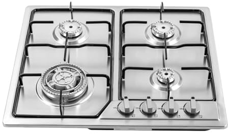 Gaskochfeld Gas 4 Brennern Einbauherd für Erdgas und Propangas Campingkocher Edelstahloberfläche und Gussroste 58 x 52 cm