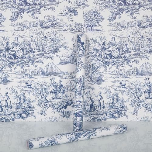 Hode Self Adhesive Wallpaper Blue and White 44x300cm, Vinyl Wrap Furniture Sticker, Sticky Back Plastic Patterned Waterproof for Cupboards Shelves,Tree Animal Peel and Stick Wallpaper