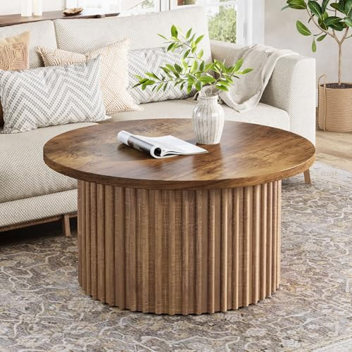 Tribesigns 80cm Round Coffee Table, Farmhouse Circle Coffee Table with Metal Base, Modern Wood Accent Center Table Sofa Side Table for Living Room, Home Office, Wood Grain Veneer Top
