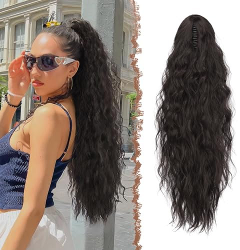 FESHFEN Pferdeschwanz mit Klammer, Lange Wellig Lockig Haarextension Synthetik Zopf Haarverlängerung Claw Clip in Haarteil Ponytail für Damen 65cm Schwarz Braun