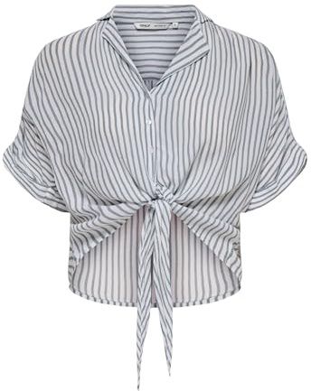 ONLY Women's Blouse Shortened Half Sleeve Knot Detail Shirt Collar Button Down Elegant, Cloud Dancer, L