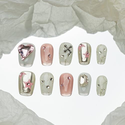 Sun&Beam Nails Handmade Press-on Short Coffin Ballerina Pink White Silver Rhinestone Heart 3D Design Fashion False Nail Tips 10 Pcs Set (#203 M)