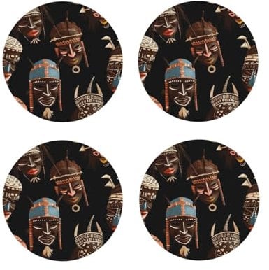Untersetzer für Getränke, Motiv: afrikanisches Ritual, ethnische Stammesform, 4 Stück, PU-Leder-Untersetzer, hitzebeständig, Getränkeuntersetzer für Couchtisch, runde Form, Untersetzer für