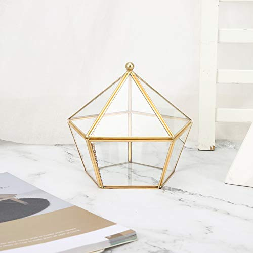 KIMISS Glass Terrarium Unique, Golden Succulent Glass Flower House Geometric Immortal Geo Succulent Plant Planter Window Boxes Dust Cover Copper Bar Artificial Flower Container Holder