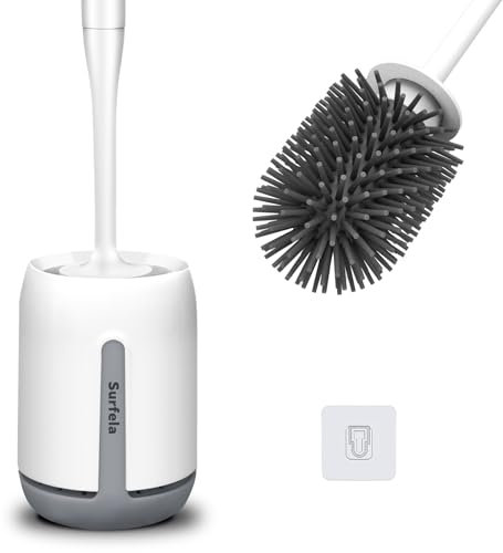 Surfela Brosse Toilettes WC Silicone Blanc Mat, Balai WC avec Support, Montage Mural/au Sol, Balayette WC Antibactérienne à Séchage Rapide, Poignée Allongée Confortable 42,5 cm, Pratique & Esthétique