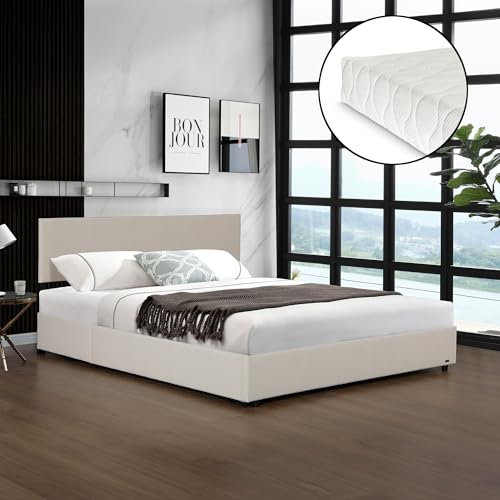 Corium Polsterbett Juva mit Matratze Bettgestell mit aufklappbarem Lattenrost Bettrahmen Cord Schlafzimmer 140x200 cm Beige