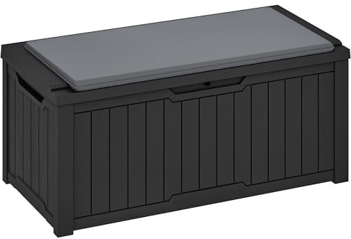 YITAHOME Outdoor Storage Box with Cushion, 120 Gallon Waterproof Deck Box for Garden Tools, Patio Cushions, and Pool Accessories, Lockable, Easy Assembly, Versatile Bench or Table (Black)