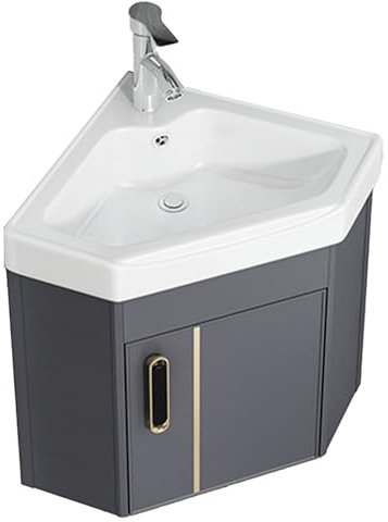 LYXWGRZD Lavandino da bagno, Lavandino angolare in ceramica, Mobile da bagno con lavabo, Lavandino angolare da parete, Mobile da bagno angolare con contenitore(Gray,47cm/18.5in)