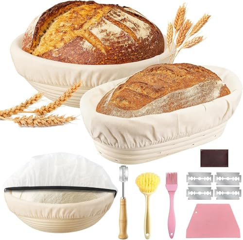 Prebarfun 2er-Set Gärkorb Set, Gärkörbchen Rund 23cm & Oval 25cm | Gärfolie für Brot/Bäckermesser/Teigschaber/Backpinsel/Reinigungsbürste, Brot Backen Zubehör für Heim- Professionelle Bäcker