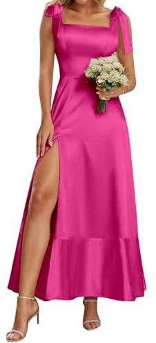YIANN Vestidos de dama de honor de satén para mujer, para boda, con tirantes delgados, vestido de noche formal para la playa, fucsia, 44