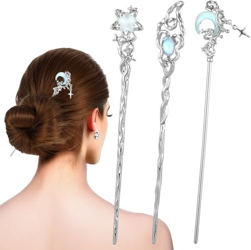 3 PCS Hair Chopsticks Chinese Hair Pins Star Moon Hairs Sticks Long Metal Silver Tousle Stick Long Hairs Chinese Hanfu Asian Vintage Chopsticks Accessories for Women Girls Gifts (Blue Silver)