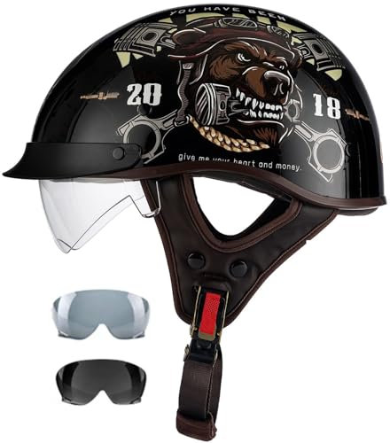 Retro Casque De Moto Adulte avec Visiere, Casque Moto Demi-Jet Casque Semi-Ouvert, Casques Jet De Moto Approuvé Dot/ECE, Casque Scooter Casques Bols Demi pour Hommes Et Femmes 3,XXL=63-64CM